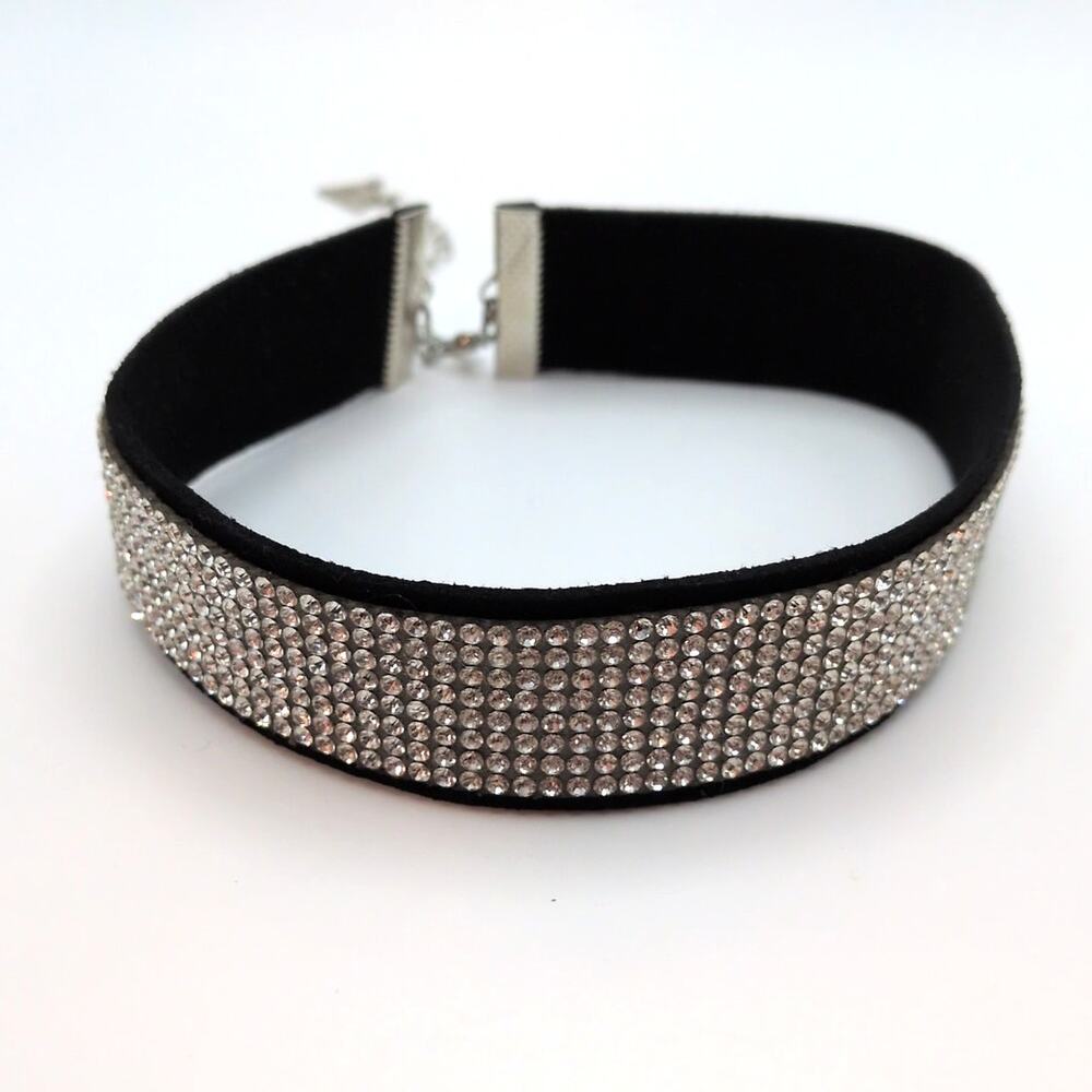 GUESS Signed Sparkly Rhinestone Black Choker Adjustable Collar Necklace